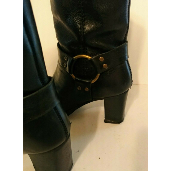 Whats What Harness Biker Boot Women's Black 6.5 Leather Brass Pull On Square Toe - Picture 7 of 12